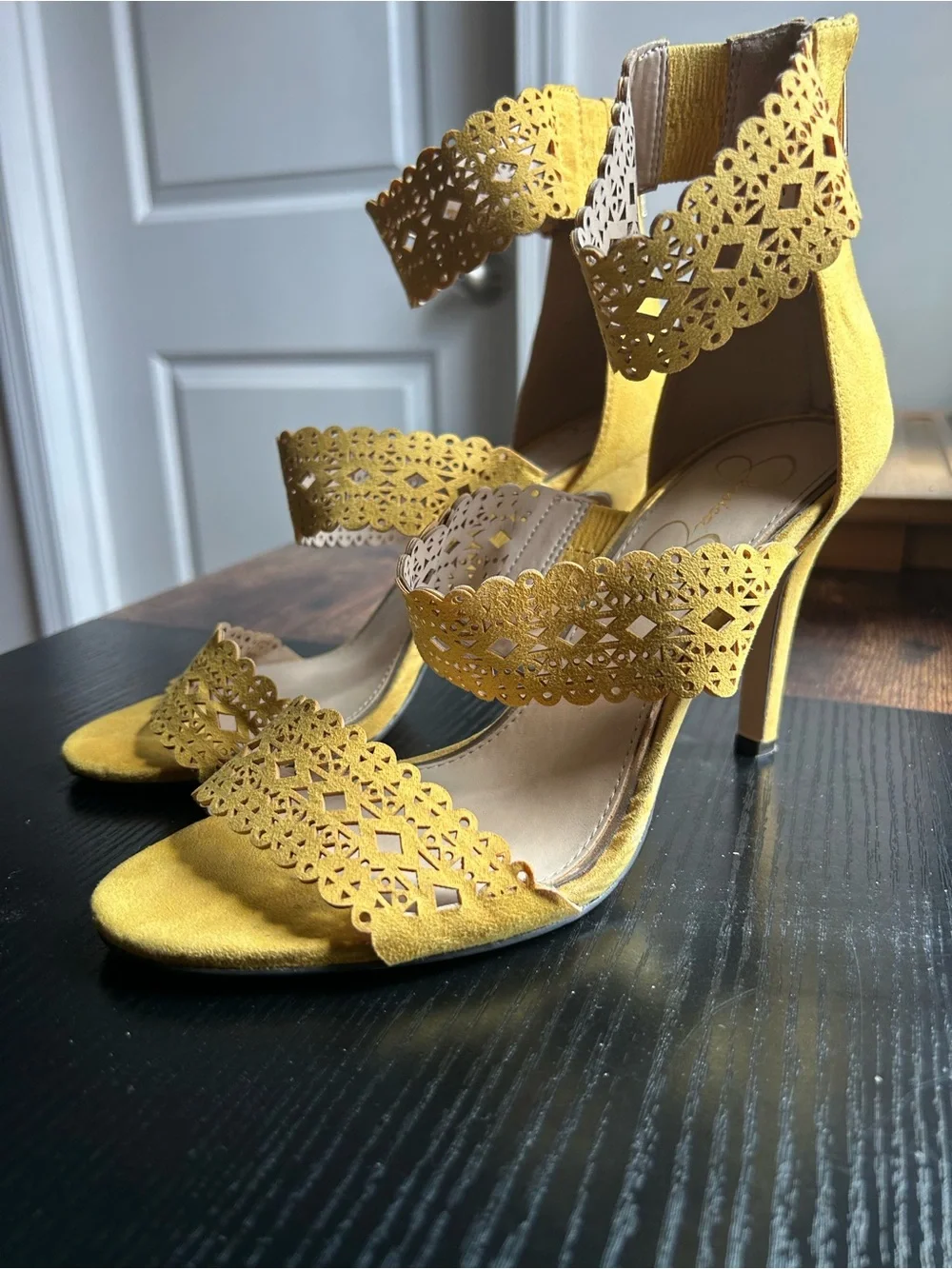Jessica Simpson Scalloped Laser-Cut Ankle-Strap Heels in Yellow